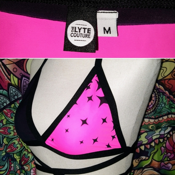 NWOT Lyte Couture Neon Pink And Black Festival Set With Matching Mask~ Sz M - Picture 4 of 4